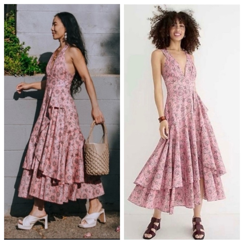 J. Crew Collection Plus Size 18 Pink Paisley Tiered Midi Dress Boho Halter Flowy - Picture 5 of 7
